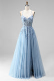 Sparkly Light Blue Corset Floral A-Line Spaghetti Straps Sequins Long Prom Dress with Slit