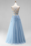Sparkly Light Blue Corset Floral A-Line Spaghetti Straps Sequins Long Prom Dress with Slit