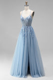 Sparkly Light Blue Corset Floral A-Line Spaghetti Straps Sequins Long Prom Dress with Slit