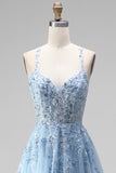Sparkly Light Blue Corset Floral A-Line Spaghetti Straps Sequins Long Prom Dress with Slit