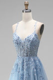 Sparkly Light Blue Corset Floral A-Line Spaghetti Straps Sequins Long Prom Dress with Slit