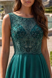 Sparkly Dark Green Beaded A-Line Long Prom Dress with Slit