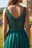 Sparkly Dark Green Beaded A-Line Long Prom Dress with Slit