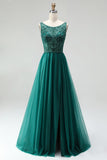 Sparkly Dark Green Beaded A-Line Long Prom Dress with Slit