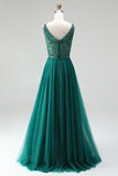 Sparkly Dark Green Beaded A-Line Long Prom Dress with Slit