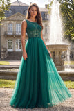 Sparkly Dark Green Beaded A-Line Long Prom Dress with Slit