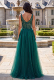 Sparkly Dark Green Beaded A-Line Long Prom Dress with Slit