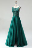 Sparkly Dark Green Beaded A-Line Long Prom Dress with Slit
