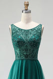 Sparkly Dark Green Beaded A-Line Long Prom Dress with Slit
