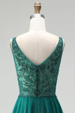 Sparkly Dark Green Beaded A-Line Long Prom Dress with Slit