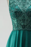 Sparkly Dark Green Beaded A-Line Long Prom Dress with Slit