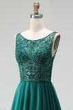 Sparkly Dark Green Beaded A-Line Long Prom Dress with Slit