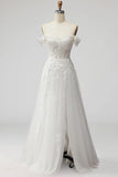 White Off the Shoulder A-Line Long Embroidered Formal Dress with Slit