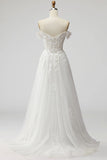 White Off the Shoulder A-Line Long Embroidered Formal Dress with Slit