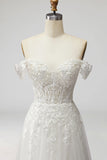 White Off the Shoulder A-Line Long Embroidered Formal Dress with Slit