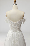 White Off the Shoulder A-Line Long Embroidered Formal Dress with Slit
