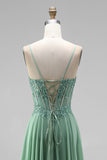 Sparkly Light Green A-Line Corset Spaghetti Straps Sequins Long Prom Dress