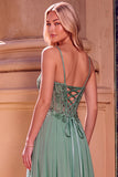 Sparkly Light Green A-Line Corset Spaghetti Straps Sequins Long Prom Dress