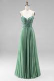 Sparkly Light Green A-Line Corset Spaghetti Straps Sequins Long Prom Dress
