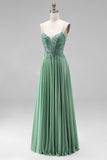 Sparkly Light Green A-Line Corset Spaghetti Straps Sequins Long Prom Dress