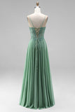 Sparkly Light Green A-Line Corset Spaghetti Straps Sequins Long Prom Dress