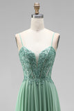 Sparkly Light Green A-Line Corset Spaghetti Straps Sequins Long Prom Dress