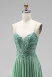 Sparkly Light Green A-Line Corset Spaghetti Straps Sequins Long Prom Dress