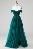 Sparkly Beaded Dark Green Off the Shoulder Long Formal Dress with Slit