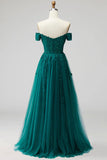 Sparkly Beaded Dark Green Off the Shoulder Long Formal Dress with Slit