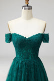 Sparkly Beaded Dark Green Off the Shoulder Long Formal Dress with Slit