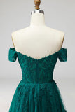 Sparkly Beaded Dark Green Off the Shoulder Long Formal Dress with Slit