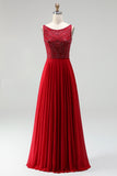 Burgundy Sparkly Long A-Line Boat Neck Prom Dress with Beading