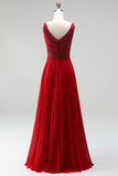 Burgundy Sparkly Long A-Line Boat Neck Prom Dress with Beading