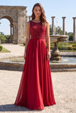 Burgundy Sparkly Long A-Line Boat Neck Prom Dress with Beading