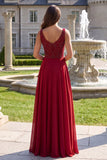 Burgundy Sparkly Long A-Line Boat Neck Prom Dress with Beading