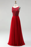 Burgundy Sparkly Long A-Line Boat Neck Prom Dress with Beading