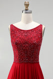 Burgundy Sparkly Long A-Line Boat Neck Prom Dress with Beading