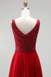 Burgundy Sparkly Long A-Line Boat Neck Prom Dress with Beading
