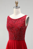 Burgundy Sparkly Long A-Line Boat Neck Prom Dress with Beading