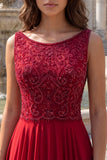 Burgundy Sparkly Long A-Line Boat Neck Prom Dress with Beading
