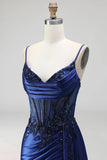 Sparkly Royal Blue Sequins Corset Mermaid Spaghetti Straps Long Prom Dress with Slit