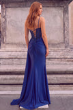 Sparkly Royal Blue Sequins Corset Mermaid Spaghetti Straps Long Prom Dress with Slit