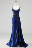 Sparkly Royal Blue Sequins Corset Mermaid Spaghetti Straps Long Prom Dress with Slit