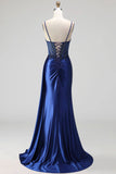 Sparkly Royal Blue Sequins Corset Mermaid Spaghetti Straps Long Prom Dress with Slit