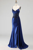 Sparkly Royal Blue Sequins Corset Mermaid Spaghetti Straps Long Prom Dress with Slit