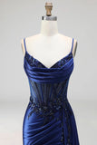 Sparkly Royal Blue Sequins Corset Mermaid Spaghetti Straps Long Prom Dress with Slit