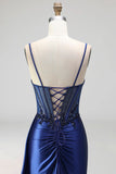 Sparkly Royal Blue Sequins Corset Mermaid Spaghetti Straps Long Prom Dress with Slit