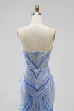 Sparkly Blue Mermaid Strapless Beaded Long Prom Dress with Slit