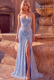 Sparkly Blue Mermaid Strapless Beaded Long Prom Dress with Slit