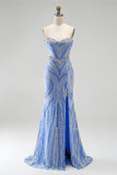 Sparkly Blue Mermaid Strapless Beaded Long Prom Dress with Slit